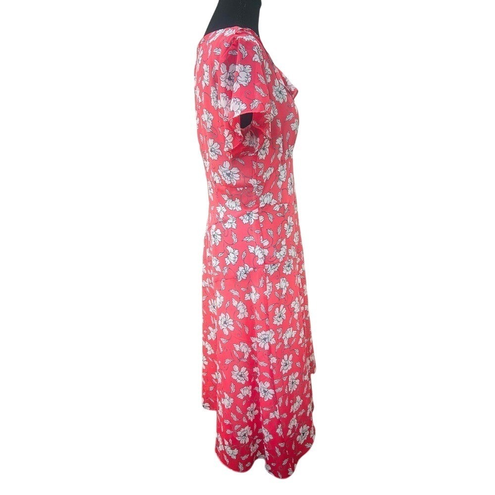 Roz & Ali Red Pink Floral Midi Dress 6 Flutter Sleeve Ruffle V-Neck Cottagecore - Picture 2 of 3